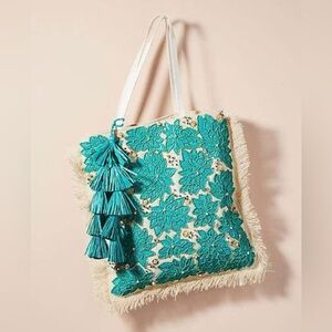 Ibban Teal Floral Straw Shoulder Tote Bag.